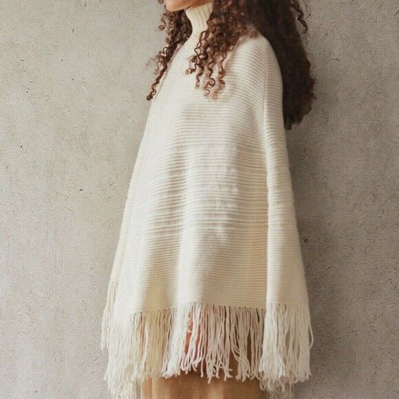 Banana Republic Womens Merino Wool Turtleneck Fringe Poncho Sweater Cream - M/L - Picture 13 of 14